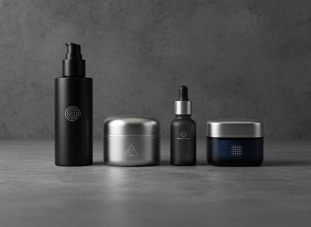 Elegancka aranżacja kilku minimalistycznych opakowań kremu przeciwzmarszczkowego dla mężczyzn na ciemnym tle.