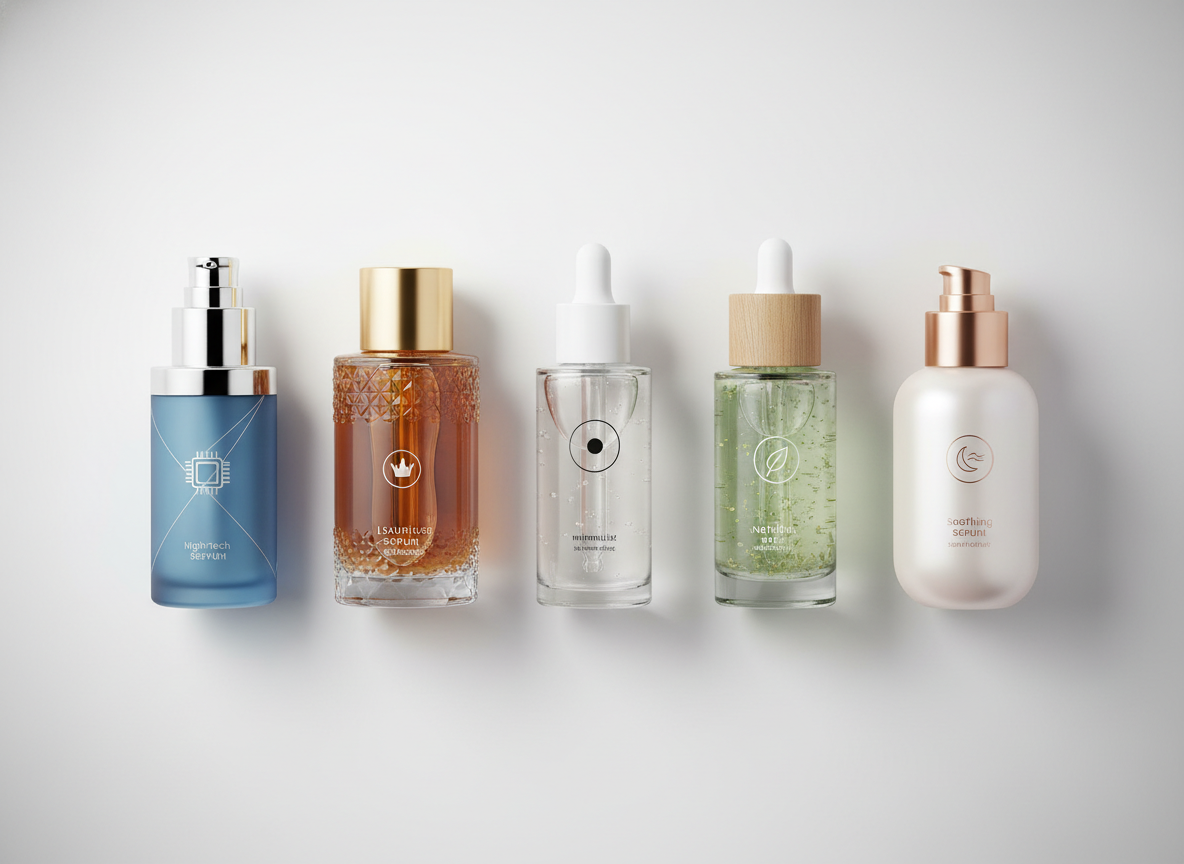 Elegancki ranking pięciu najlepszych serum przeciwzmarszczkowych, ułożonych na minimalistycznym tle.