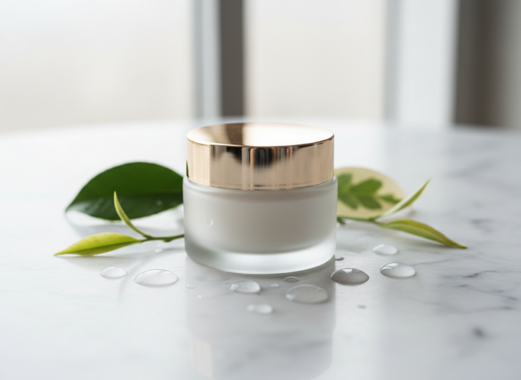 Elegancki słoiczek kremu nawilżającego otoczony kroplami wody i liśćmi, symbolizujący kremy do cery dojrzałej.
