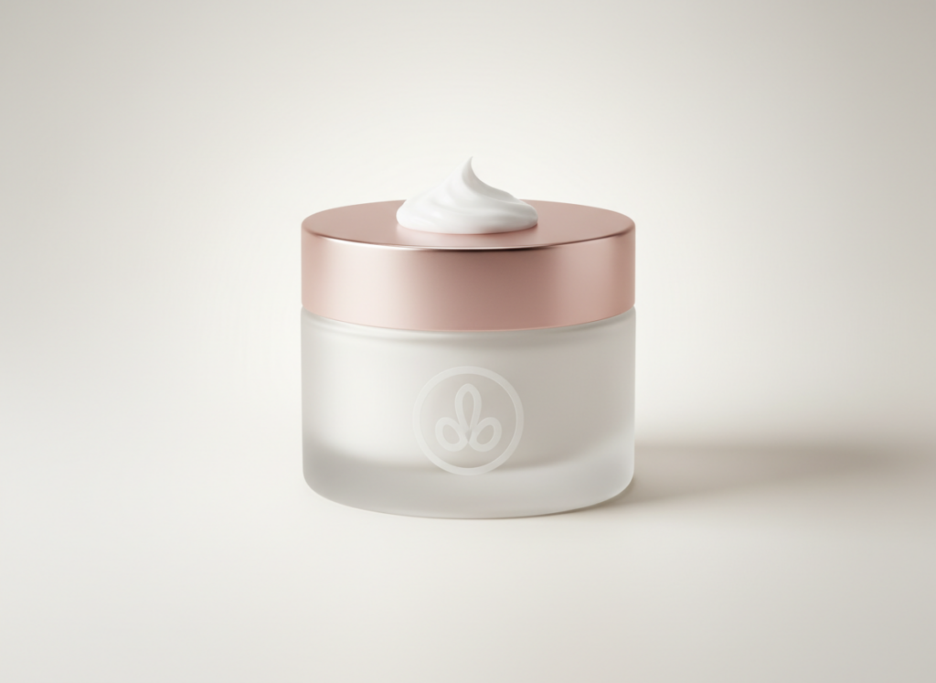 Elegancki słoiczek kremu przeciwzmarszczkowego na minimalistycznym tle, symbolizujący luksusową pielęgnację skóry.