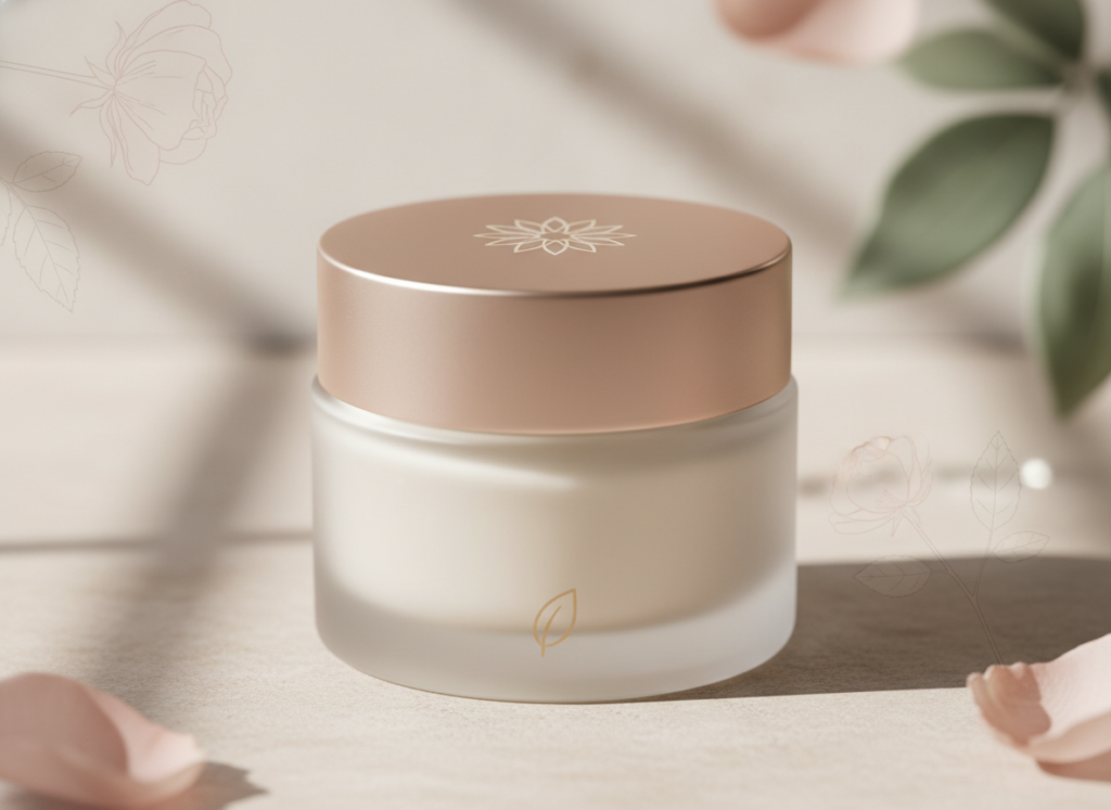 Elegancki słoiczek kremu, przedstawiający skuteczny krem na zmarszczki po 60.