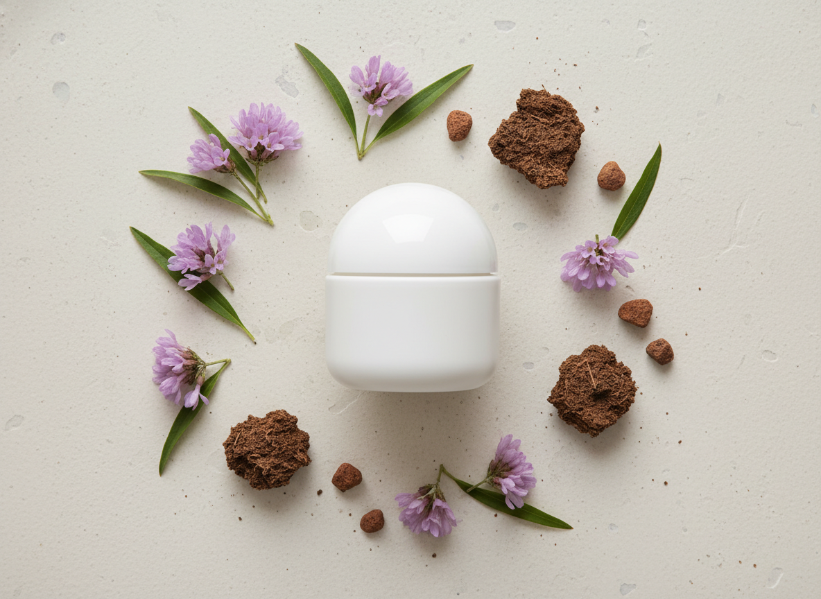 Elegancki słoik kremu ujędrniającego do twarzy z naturalnymi ekstraktami bakuchiolu i torfu.