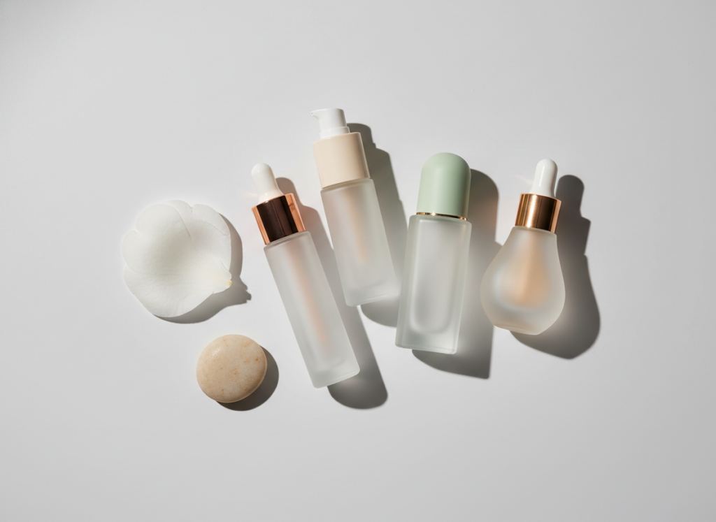 Eleganckie buteleczki serum przeciwzmarszczkowego oraz delikatny kwiat na jasnym, minimalistycznym tle.