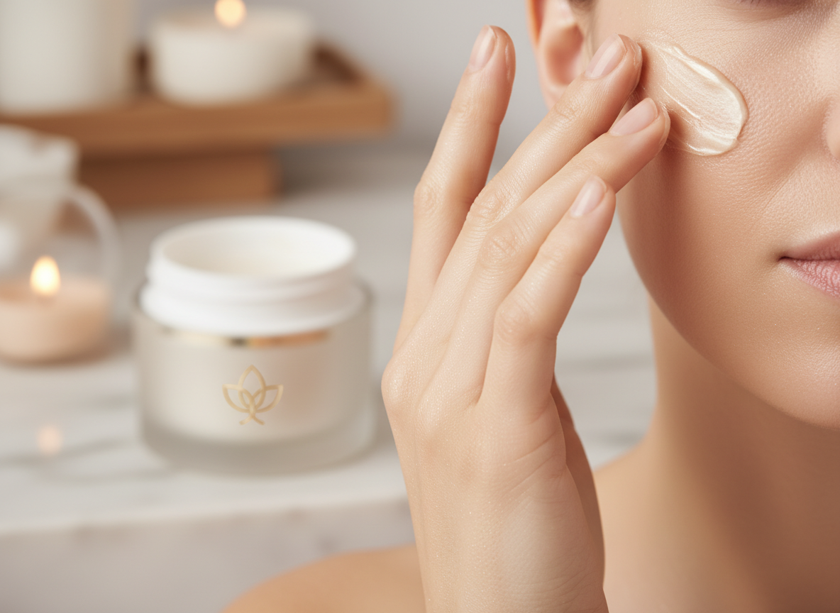 Eleganckie dłonie aplikują luksusowy krem ujędrniający do twarzy, wykonując delikatny masaż liftingujący.
