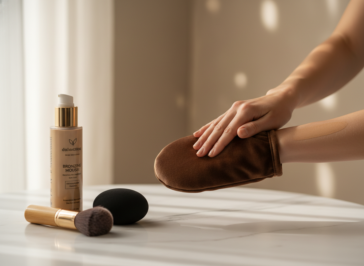 Eleganckie dłonie aplikujące samoopalacz welurową rękawicą, otoczone akcesoriami do idealnej opalenizny.