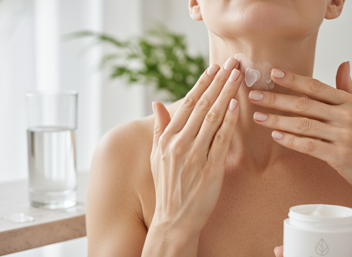 Eleganckie dłonie aplikujące skuteczny krem na zmarszczki po 60, wykonujące liftingujący automasaż szyi.