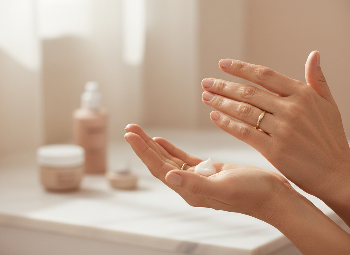 Eleganckie dłonie delikatnie aplikujące krem do cery dojrzałej na szyję, ilustrujące prawidłową technikę i ilość.