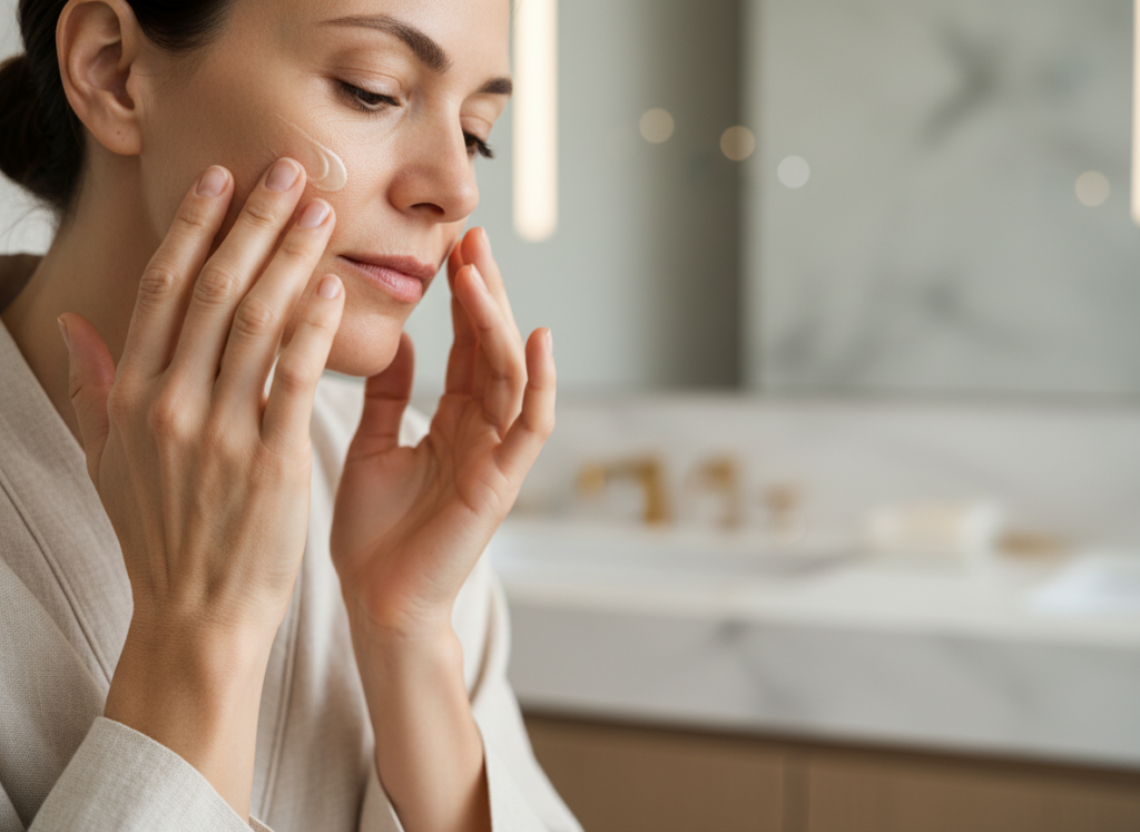 Eleganckie dłonie kobiety po 40. roku życia delikatnie nakładające dobry krem na zmarszczki na twarz.