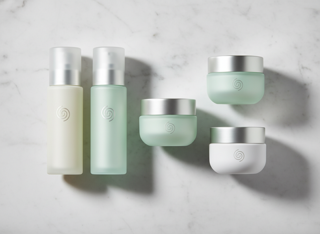 Eleganckie słoiczki i buteleczki kremów ujędrniających do twarzy ułożone na jasnym tle.