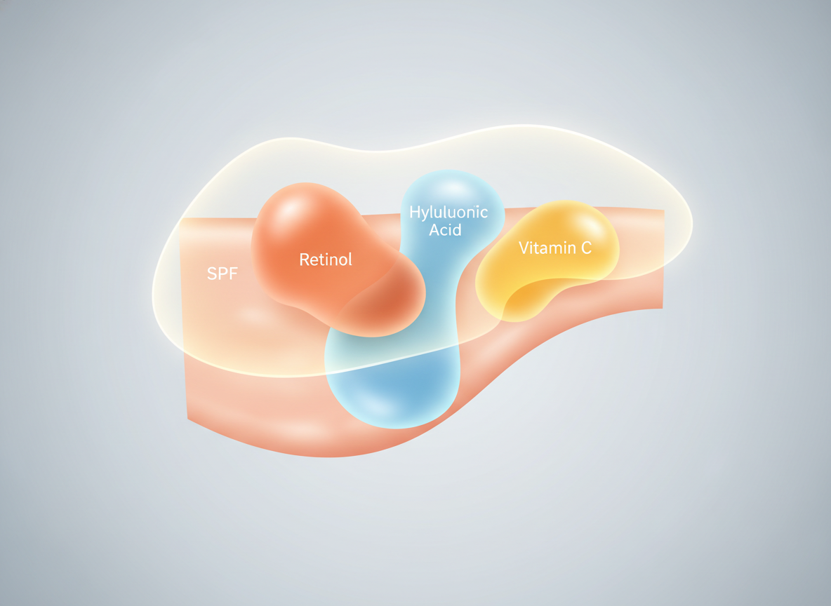Ilustracja aktywnych składników (retinol, witamina C) wzmacniających skórę. Kluczowe dla kremu przeciwzmarszczkowego dla mężczyzn.