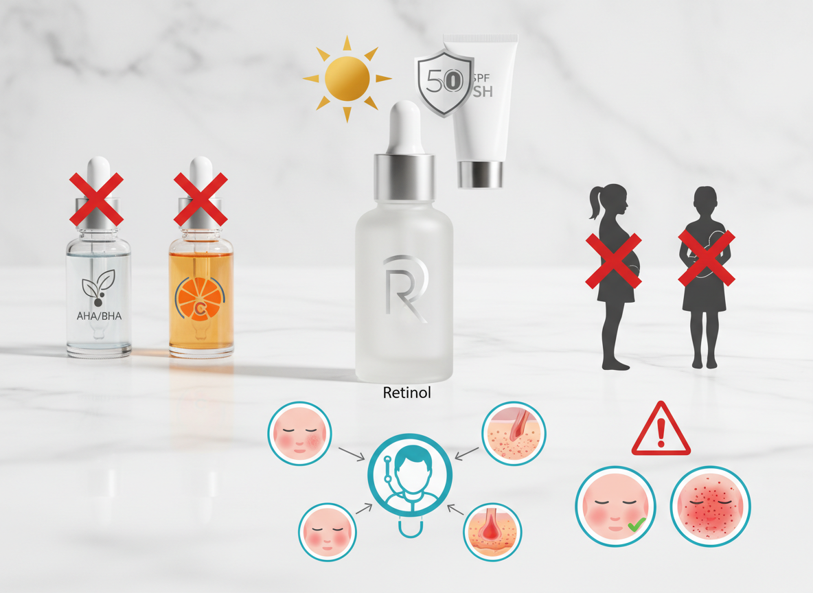 Ilustracja przedstawiająca bezpieczne stosowanie retinolu dla początkujących, z symbolami zakazanych połączeń, konieczności SPF i przeciwwskazań.