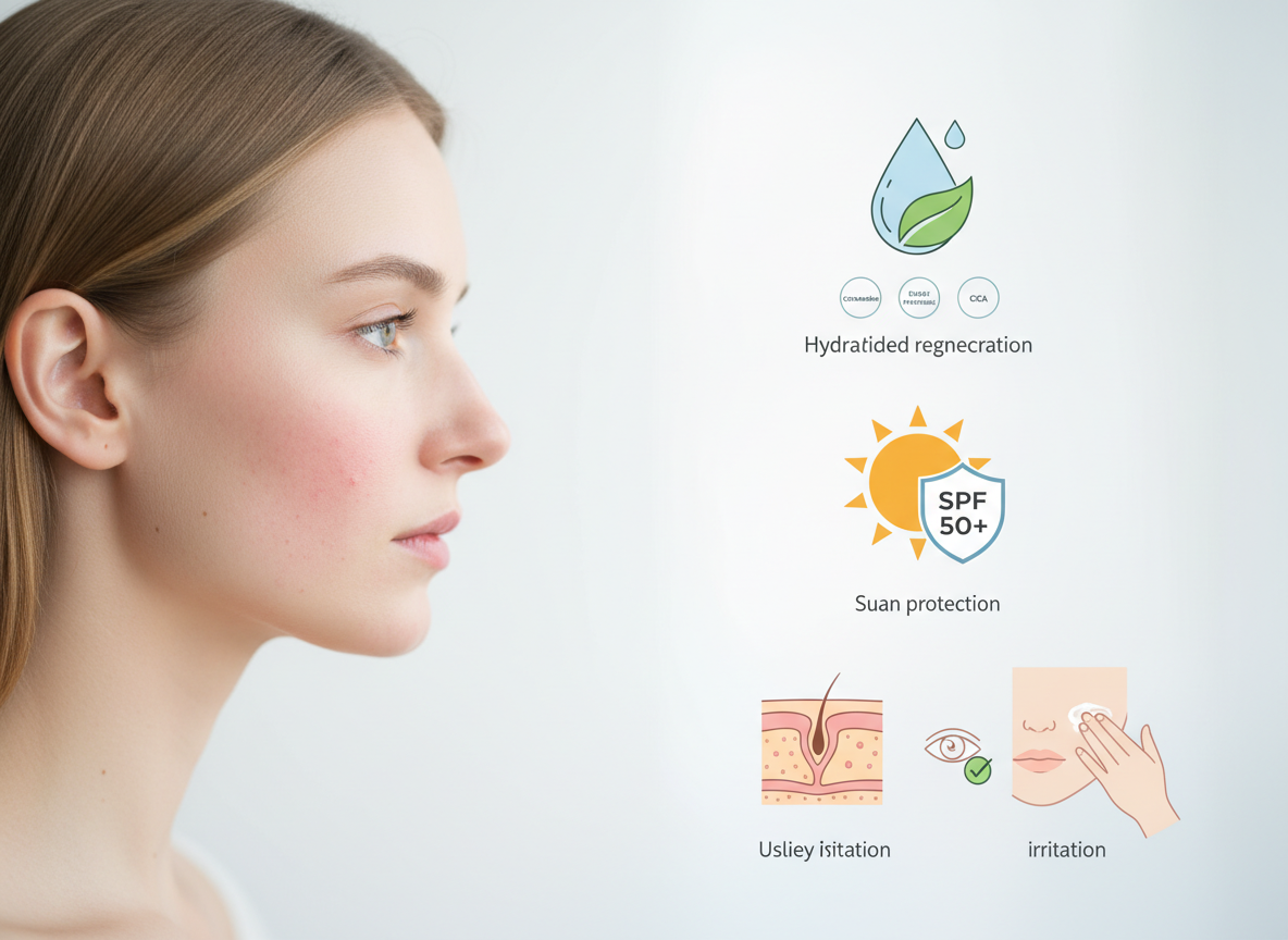 Ilustracja przedstawiająca skórę w trakcie kuracji retinoidy na tradzik, z symbolami ochrony SPF, regeneracji i łagodzenia podrażnień.