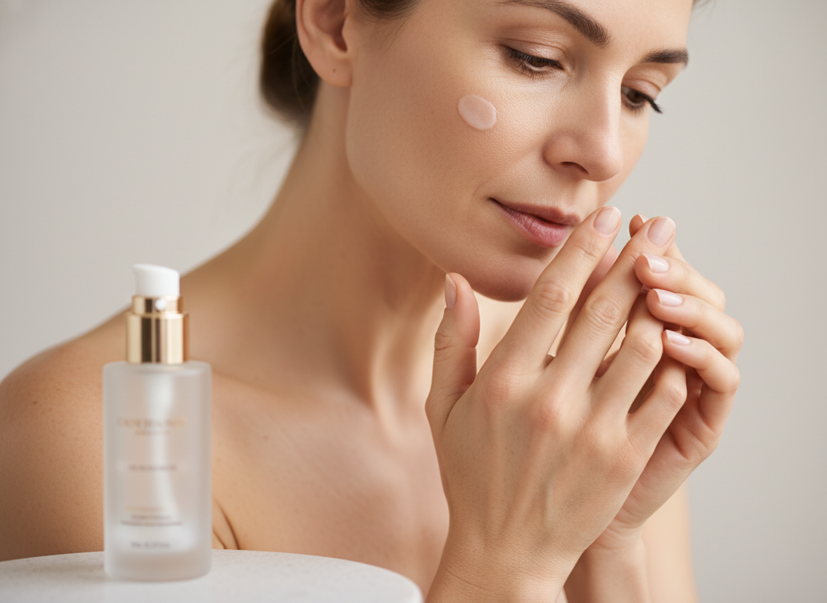 Kobieta delikatnie nakłada dobry krem na zmarszczki na twarz, butelka produktu w tle.