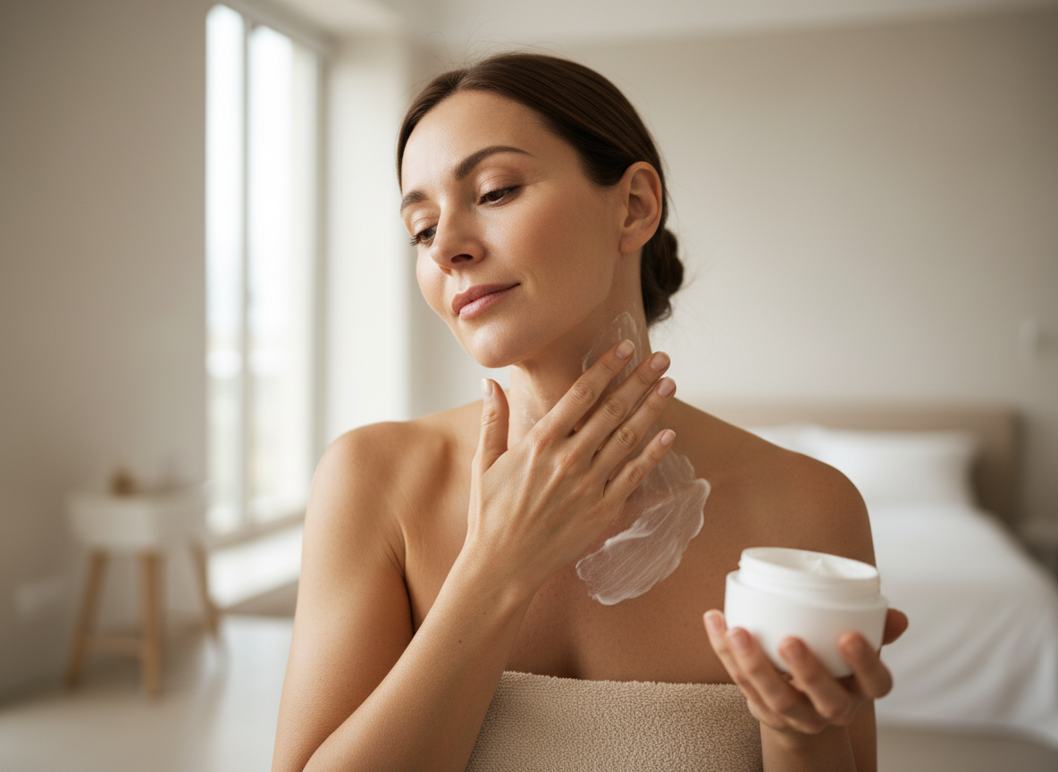 Kobieta po 40 delikatnie nakłada dobry krem na zmarszczki na szyję, dbając o skórę.