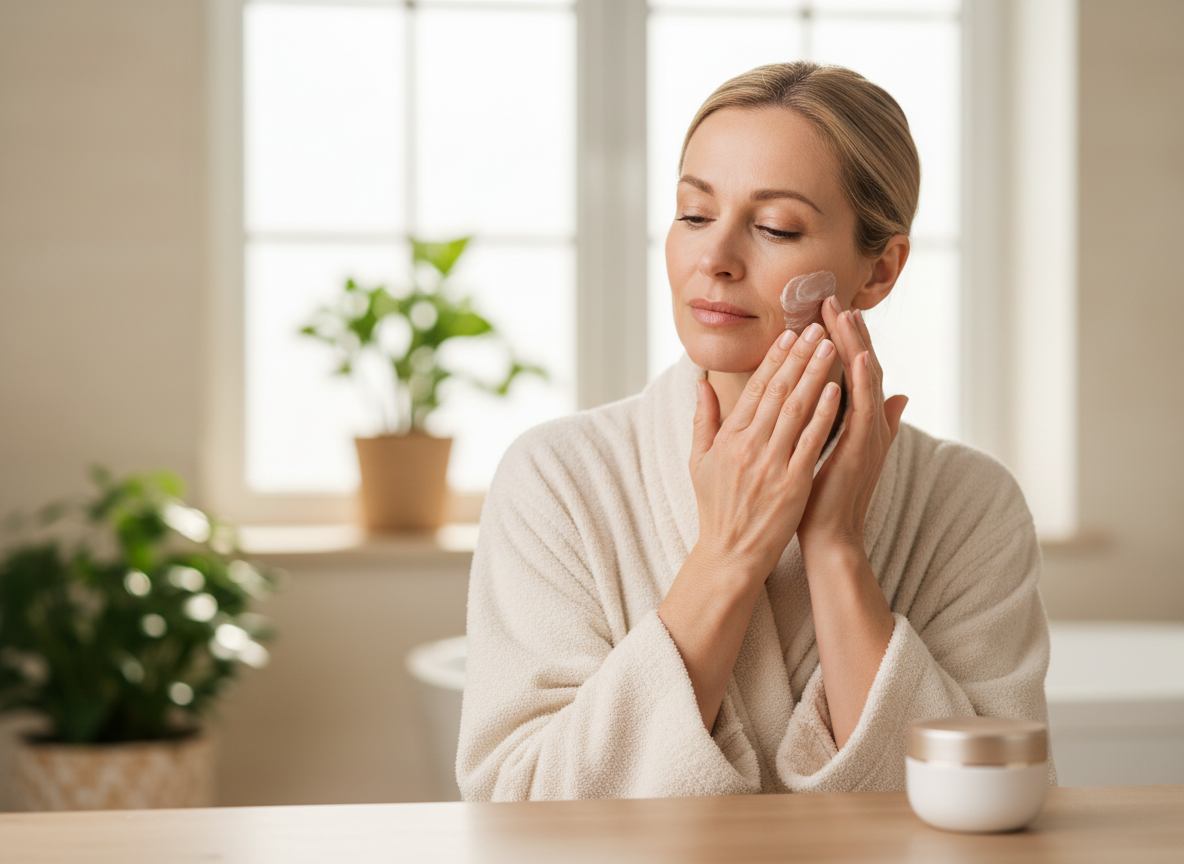 Kobieta po 40. roku życia delikatnie wmasowuje dobry krem na zmarszczki w skórę twarzy.