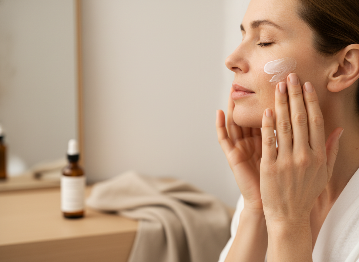 Kobieta w średnim wieku delikatnie wmasowuje dobry krem na zmarszczki w skórę twarzy.