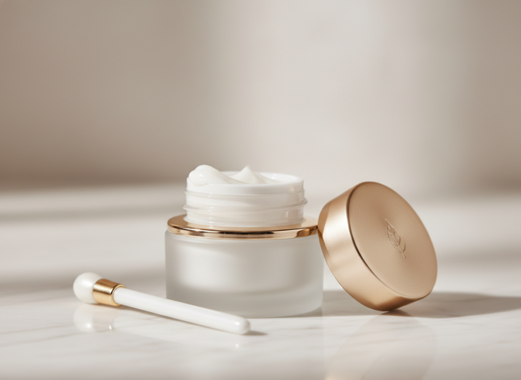 Luksusowy słoiczek kremu na zmarszczki pod oczami z delikatnym aplikatorem na jasnym tle.