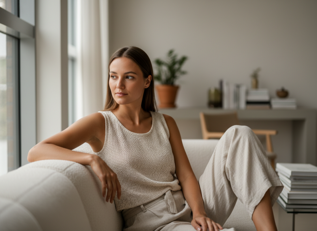 Młoda kobieta z naturalną, promienną opalenizną po użyciu samoopalacza, w jasnym wnętrzu.
