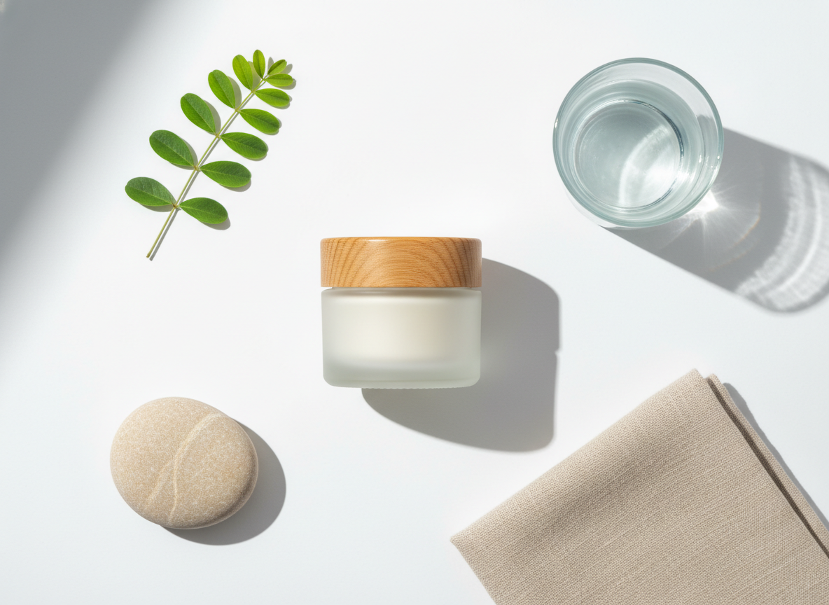 Naturalny krem przeciwzmarszczkowy otoczony roślinami, szklanką wody i kamieniem, symbolizującymi zdrowy styl życia.