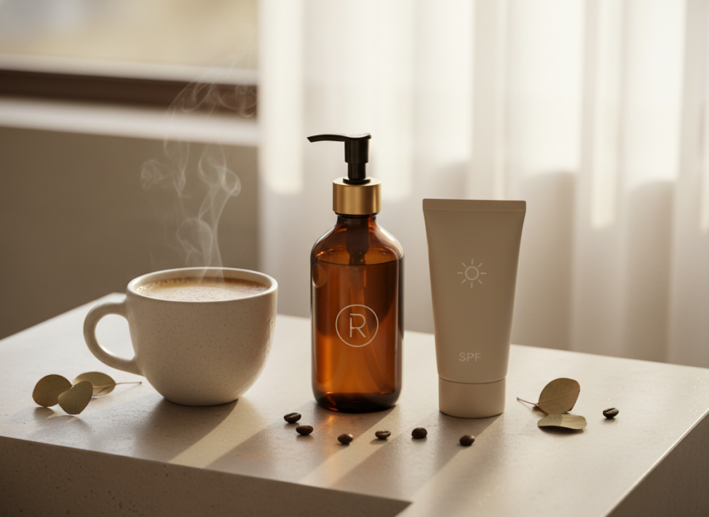 Poranna rutyna pielęgnacyjna zawierająca kosmetyki z retinolem i kawę.