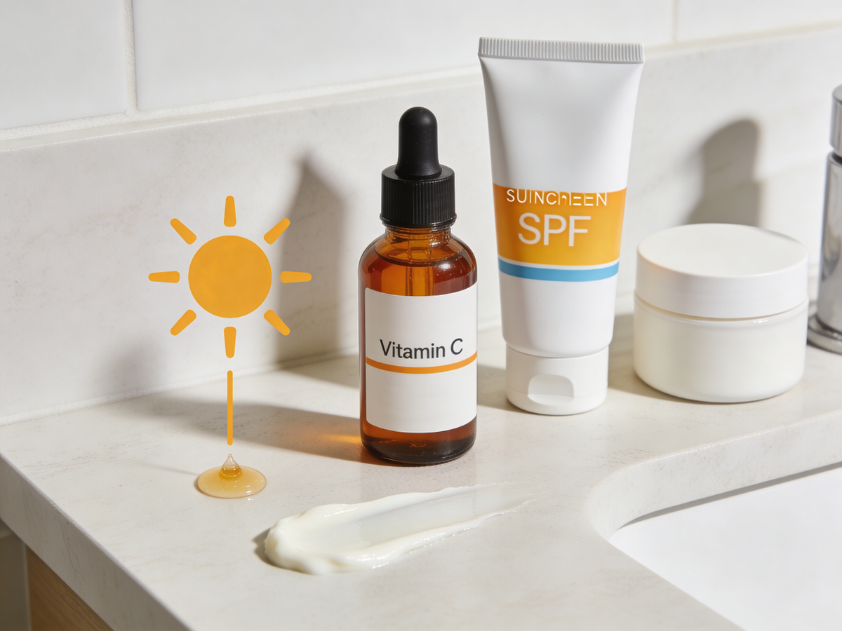 Poranna rutyna pielęgnacyjna zawierająca serum z witaminą c i filtr SPF