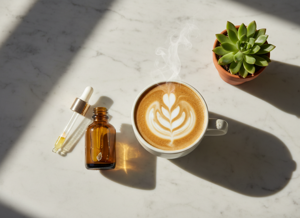 Retinoidy w pielęgnacji – estetyczne zdjęcie kosmetyków i kawy na rozpoczęcie kuracji