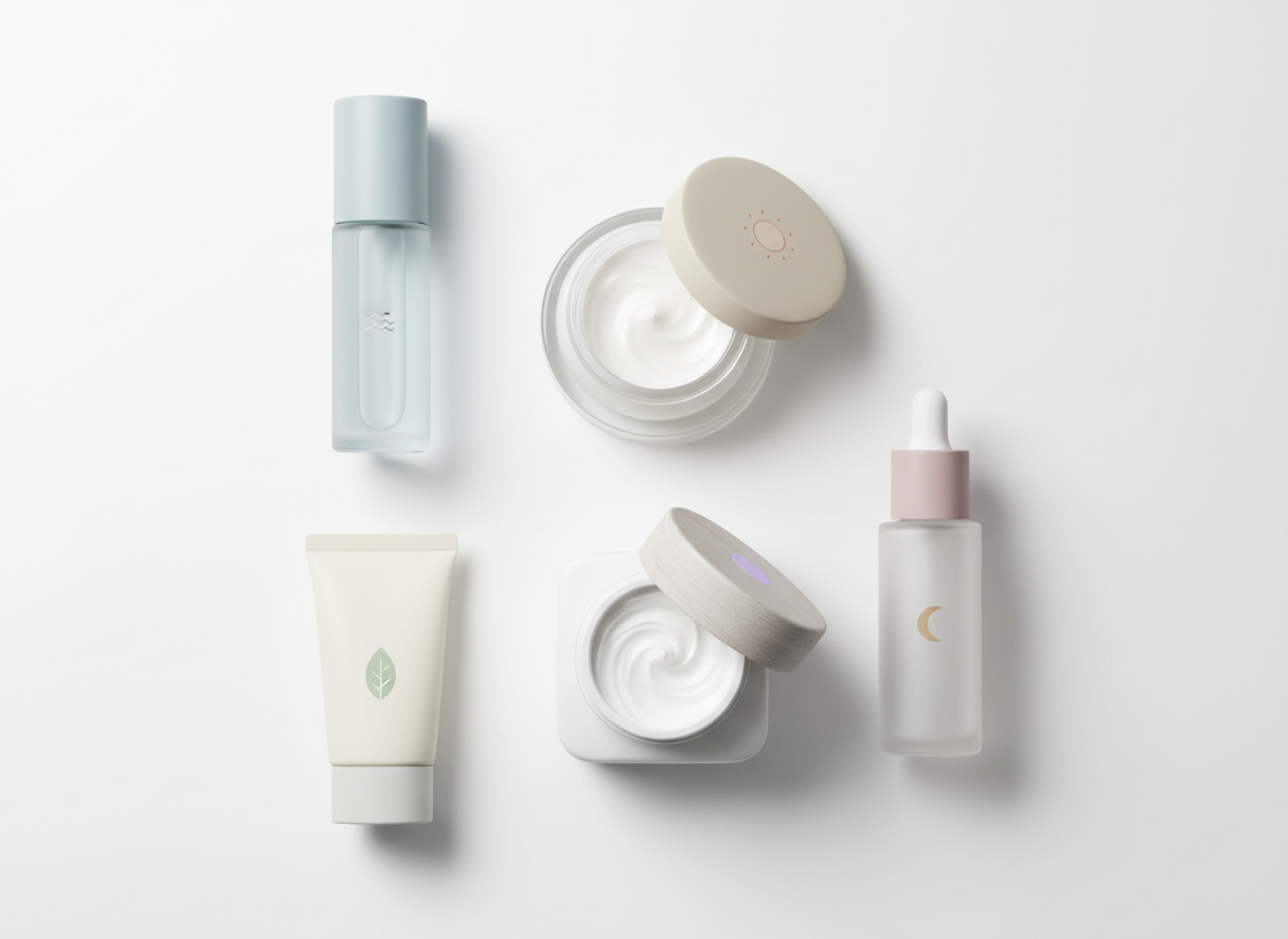 Różnorodne opakowania kremów nawilżająco przeciwzmarszczkowych, dopasowanych do wieku i typu cery.