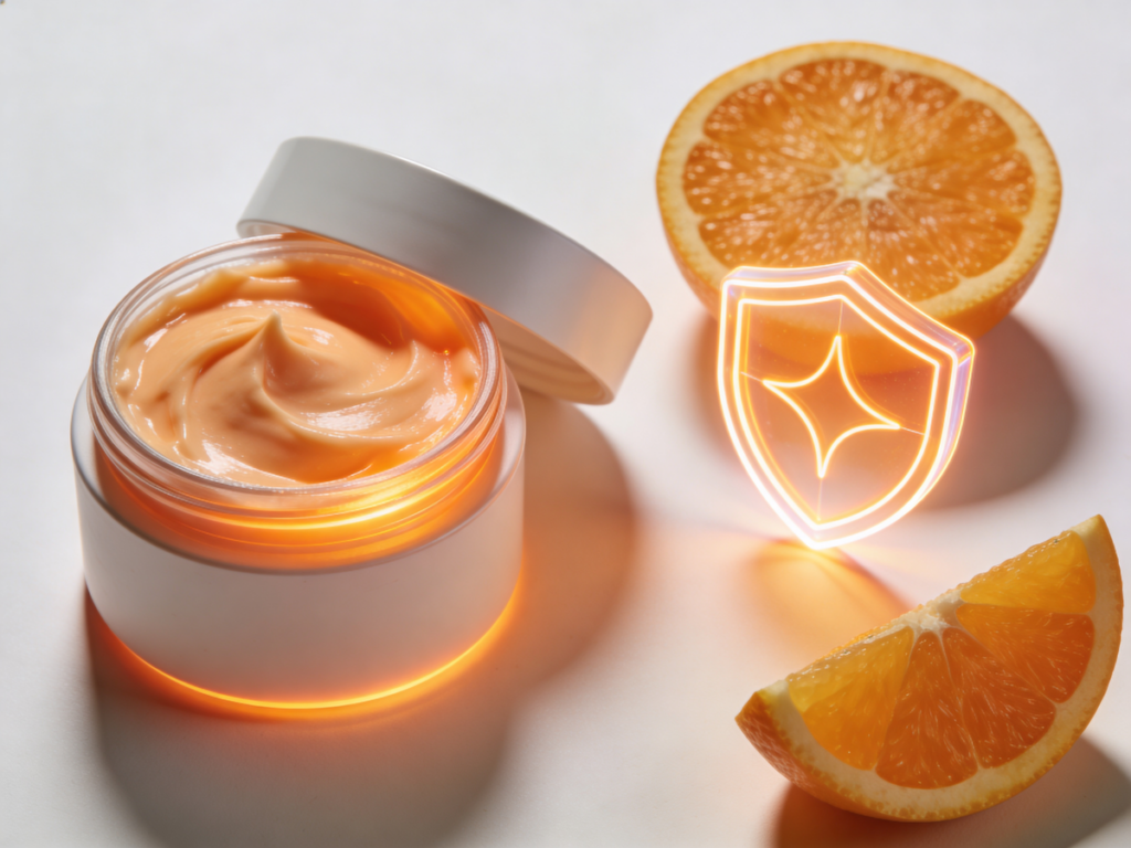 Rozświetlający krem z witaminą c w słoiczku obok świeżych owoców