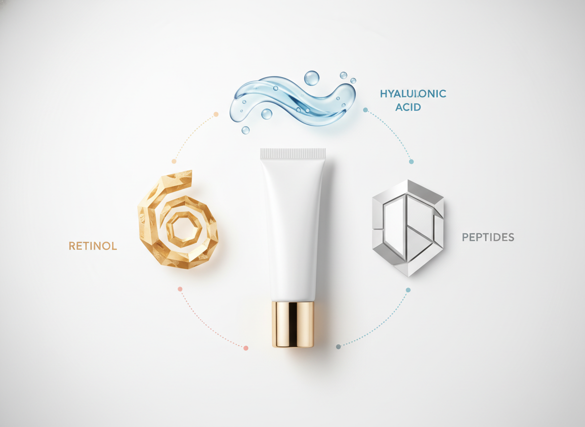 Skuteczne kremy na zmarszczki pod oczami: ilustracja kluczowych składników i ich doboru do wieku.