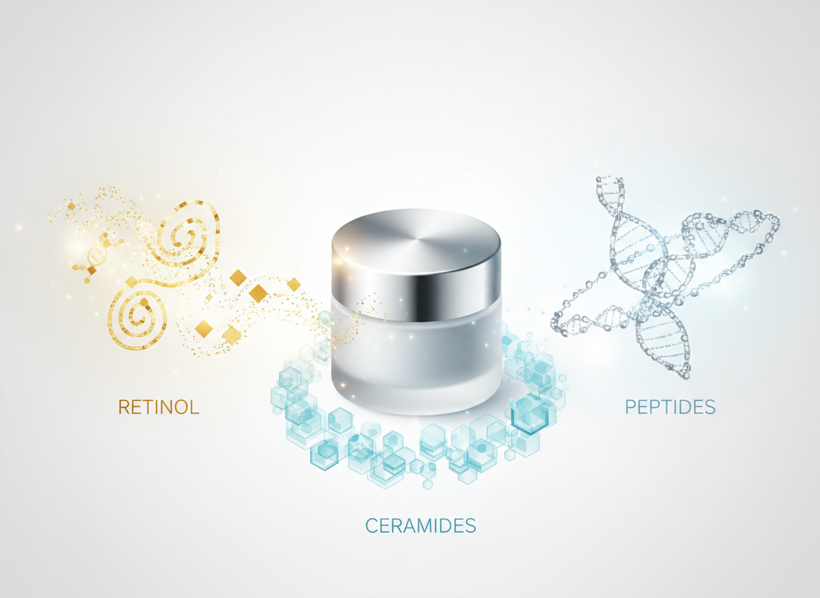 Skuteczny krem na zmarszczki po 60: słoiczek z wizualizacją kluczowych składników aktywnych.