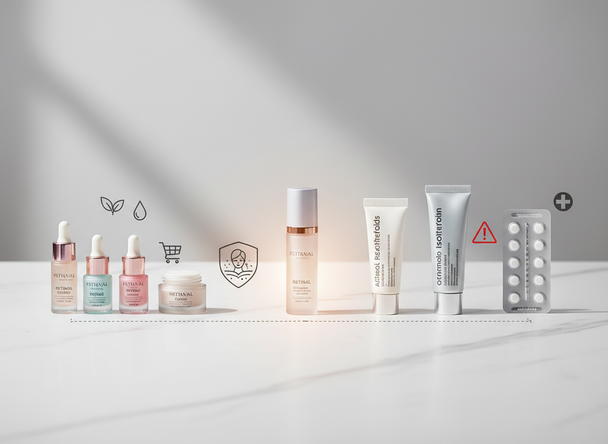Wizualna hierarchia retinoidów na trądzik, od najdelikatniejszych po najsilniejsze.