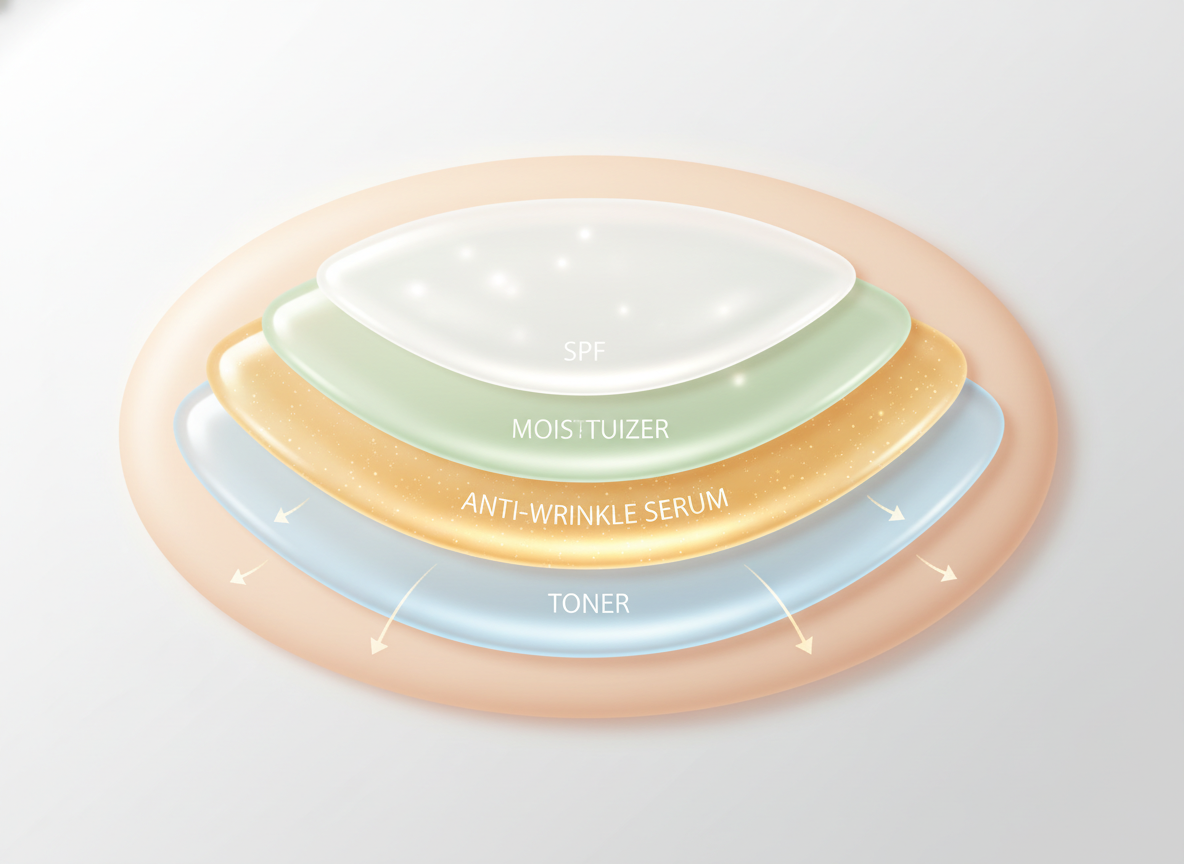 Wizualna instrukcja prawidłowego nakładania serum przeciwzmarszczkowego w warstwowej pielęgnacji skóry.