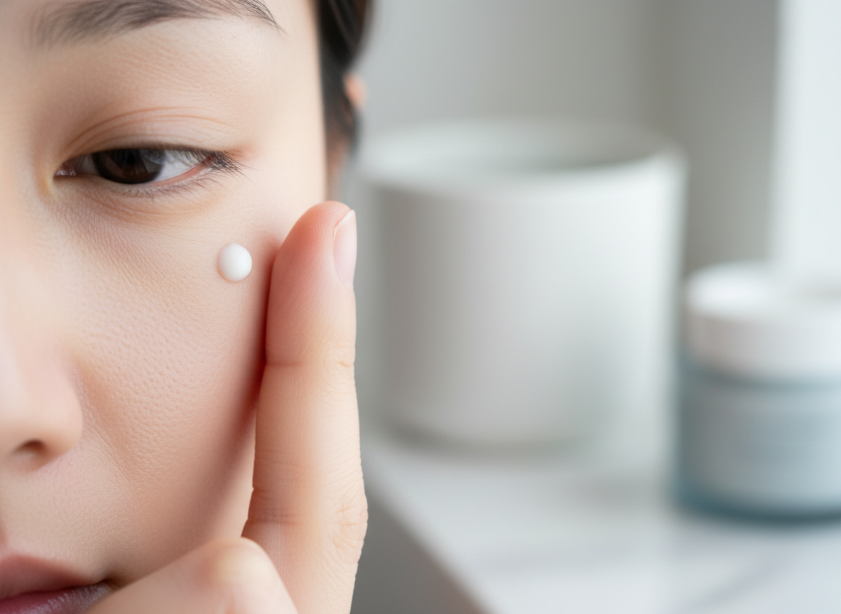 Zbliżenie dłoni delikatnie wklepującej krem na zmarszczki pod oczami, ilustrujące prawidłową technikę aplikacji.