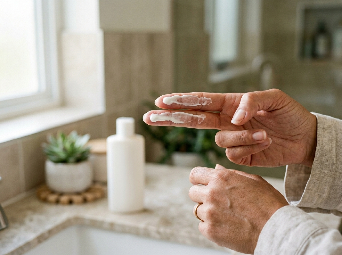 Bliskie ujęcie dłoni nakładających krem spf 50 na palce, w jasnej, nowoczesnej łazience.