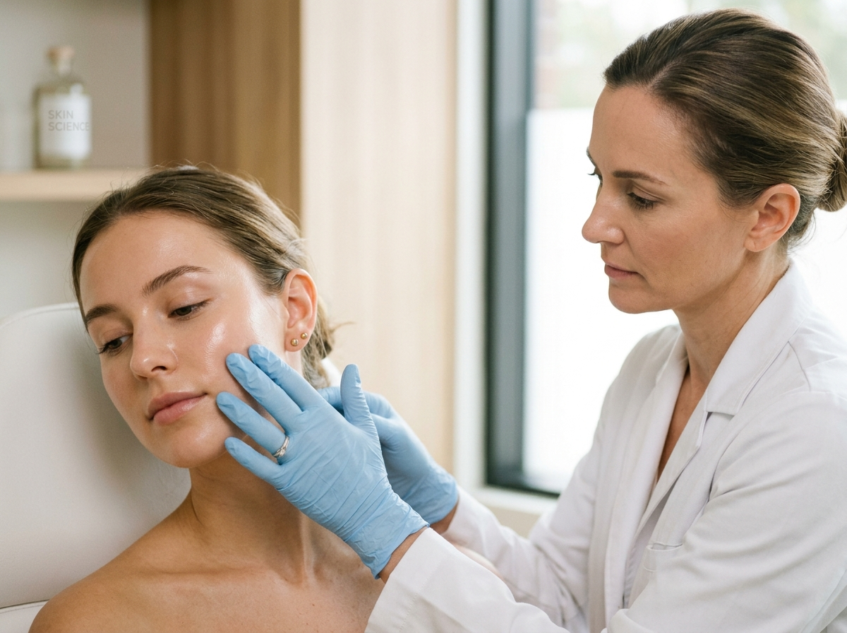 Dermatolog delikatnie bada zdrową, promienną skórę klientki, prezentując efekty kuracji Skin Science.