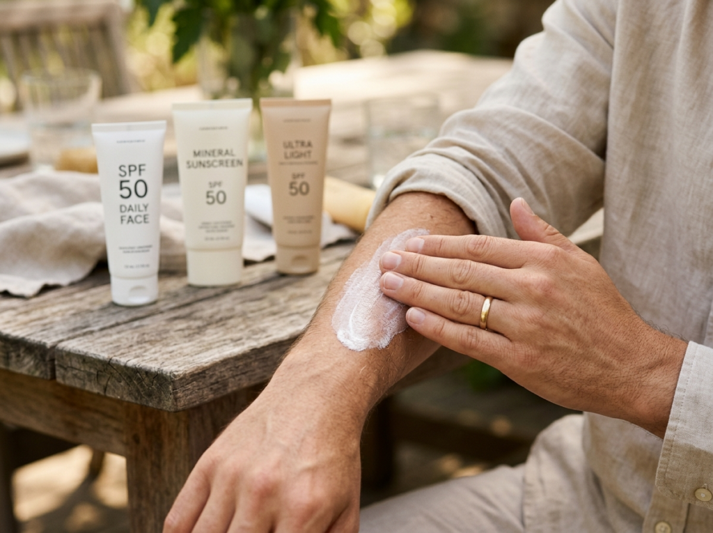 Dłoń delikatnie wmasowuje krem spf 50 w przedramię, z innymi produktami w tle.