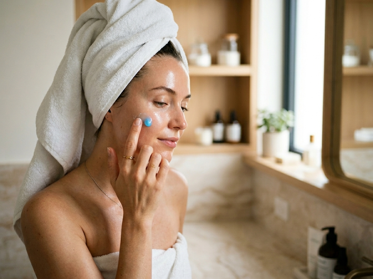 Dłoń kobiety delikatnie aplikująca niebieski krem koreański Laneige na nawilżoną, promienną skórę twarzy.