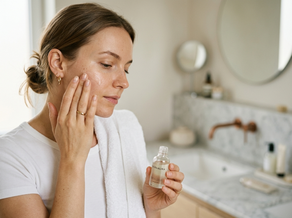 Dłonie delikatnie nakładające serum na skórę twarzy, symbolizujące zaawansowaną pielęgnację skin science.