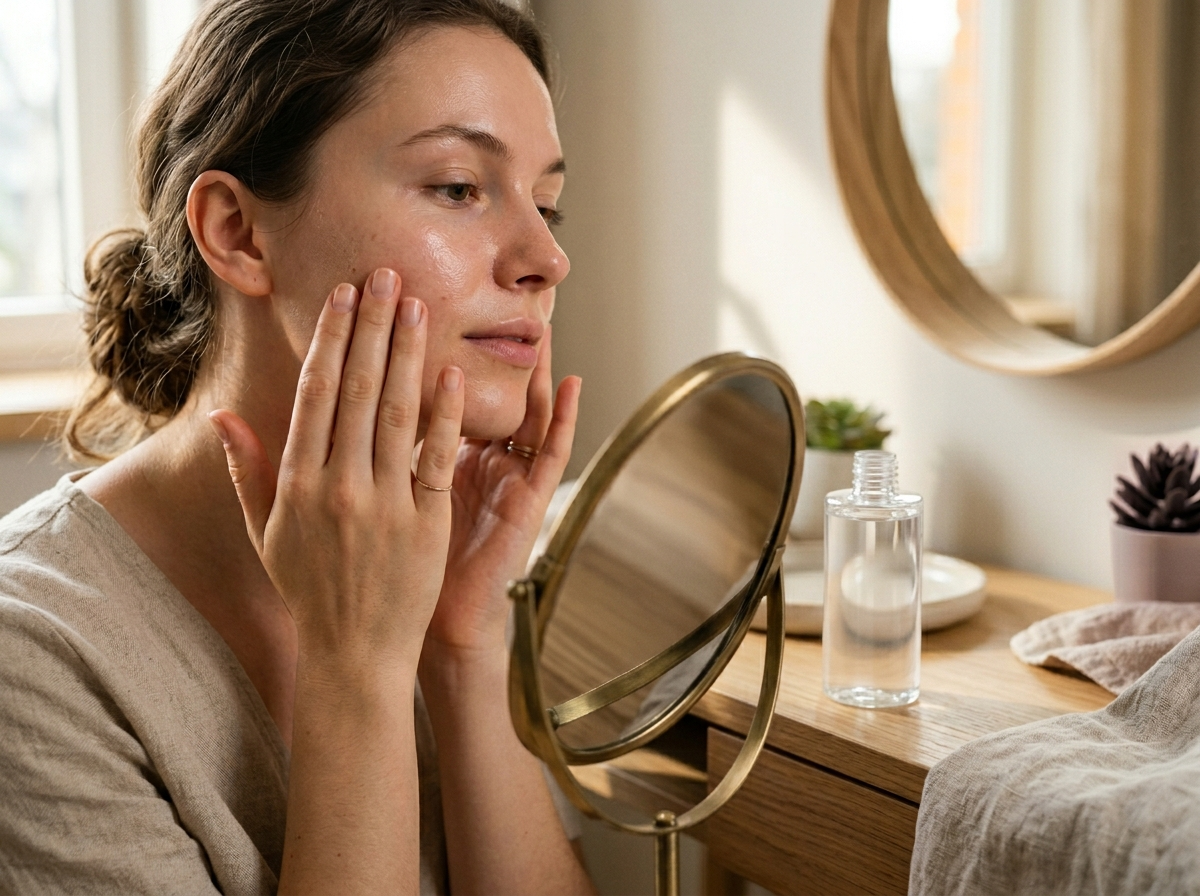 Dłonie delikatnie wklepujące tonik nawilżający Geek & Gorgeous w czystą skórę twarzy, na tle minimalistycznej toaletki.