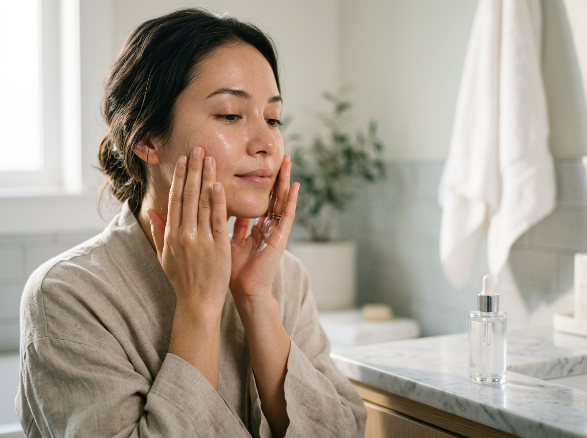 Dłonie kobiety delikatnie wklepujące koreański tonik w zdrową cerę, ukazujące efekty prostej kosmetyki koreańskiej.