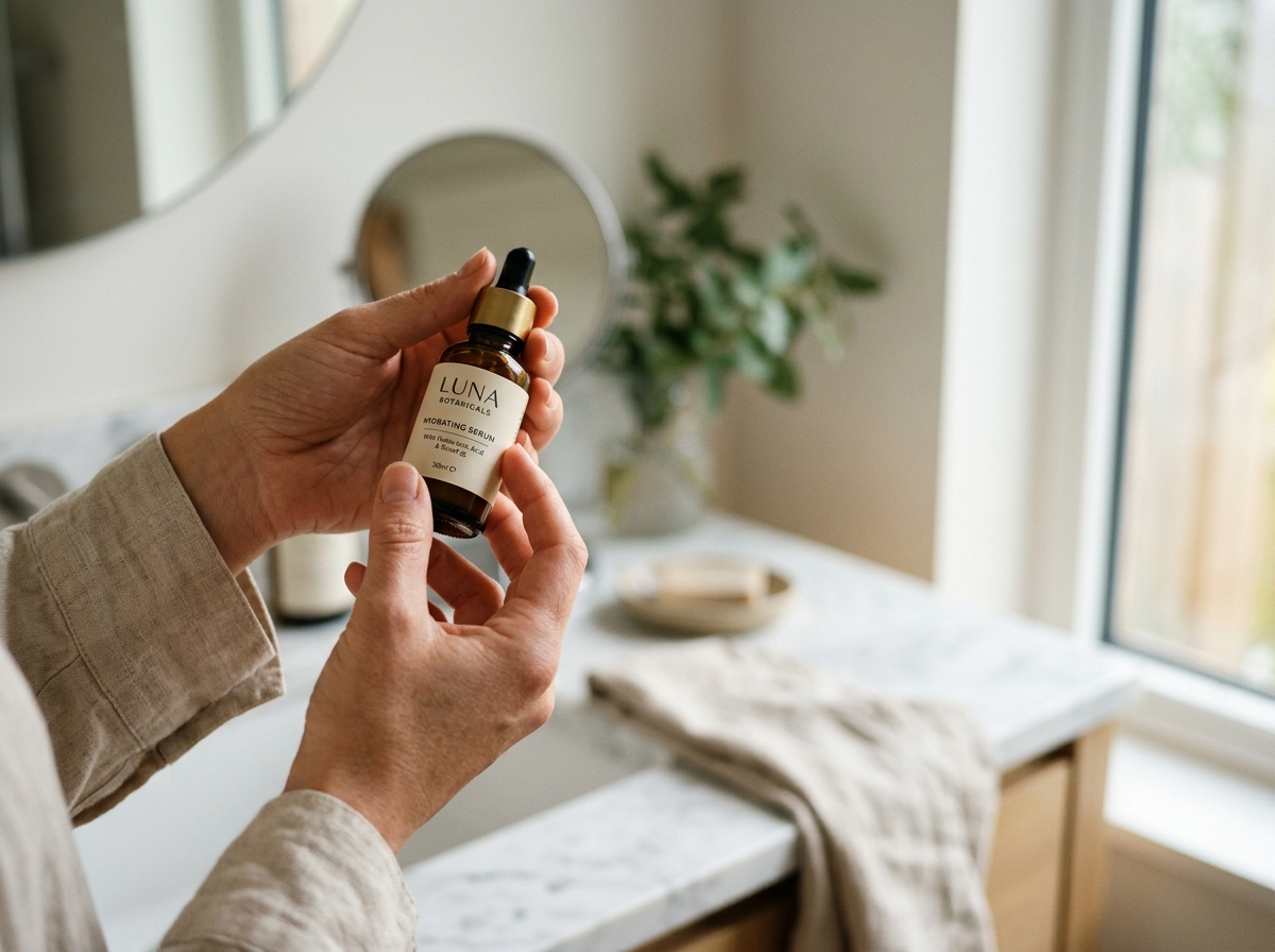 Dłonie kobiety uważnie badają etykietę buteleczki z kosmetykami do pielęgnacji twarzy.