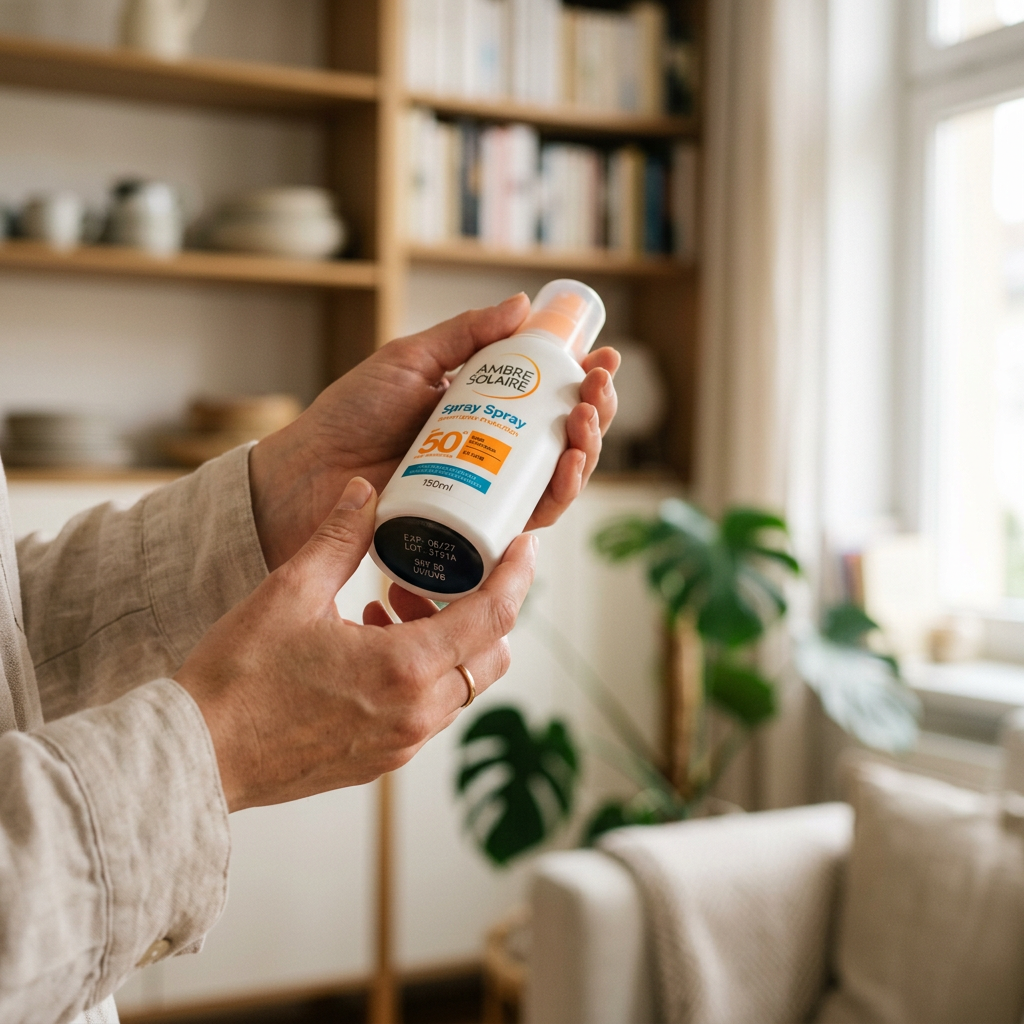 Dłonie osoby sprawdzającej datę ważności na butelce sprayu spf 50 w jasnym wnętrzu.