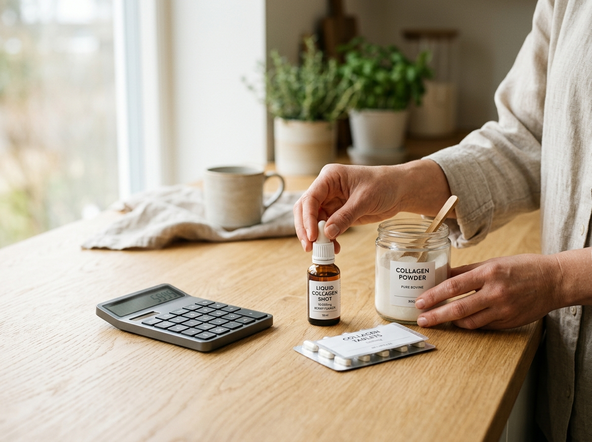 Dłonie porównujące różne formy kolagenu suplement: proszek, płyn, tabletki, na tle kalkulatora.