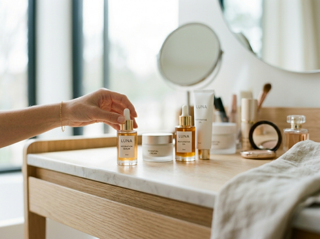 Elegancka dłoń kobiety wybierająca kosmetyki do twarzy z luksusowymi butelkami na toaletce.