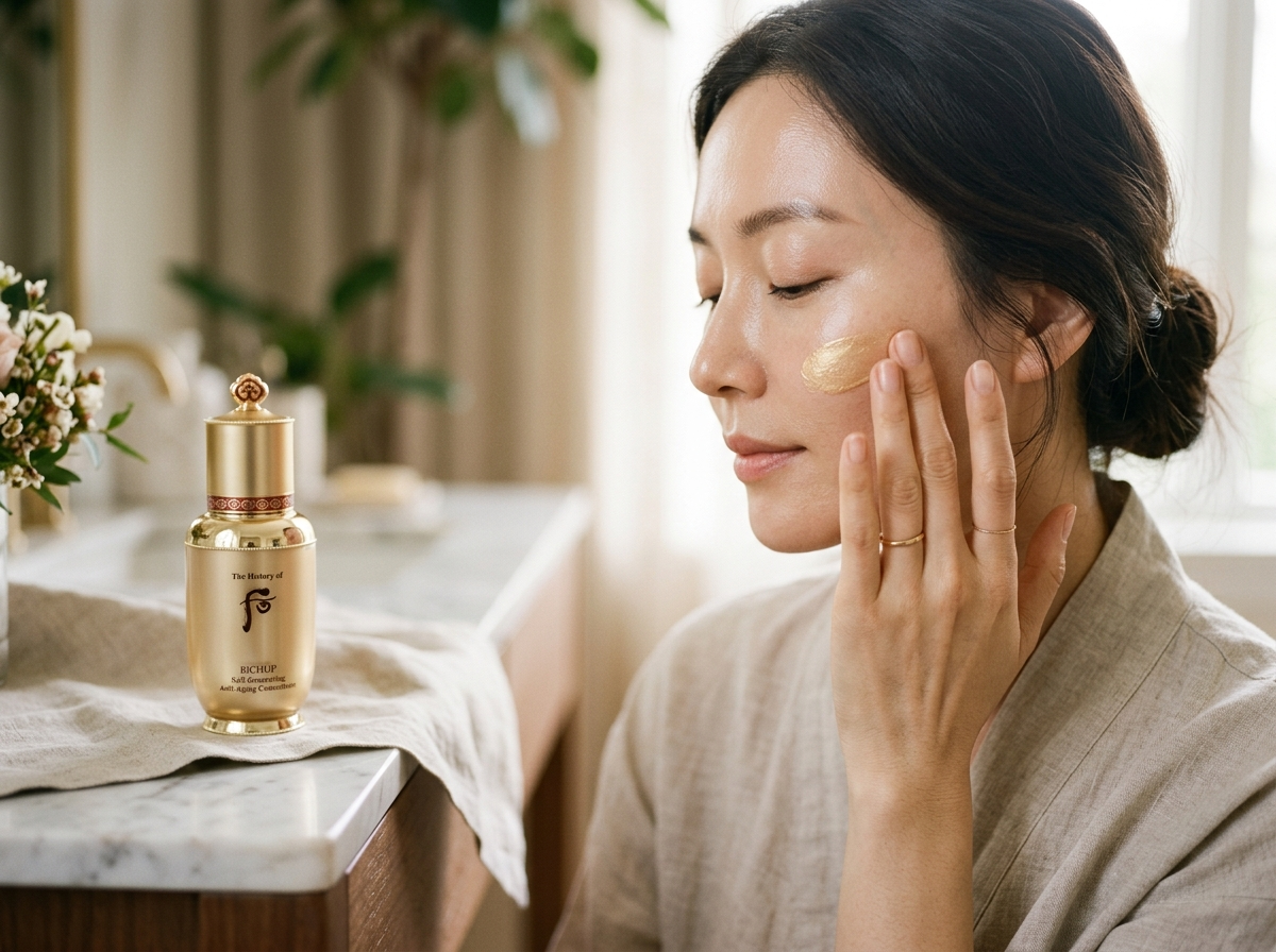 Elegancka kobieta delikatnie aplikuje luksusowe kosmetyki koreańskie na twarz, dla regeneracji i blasku.