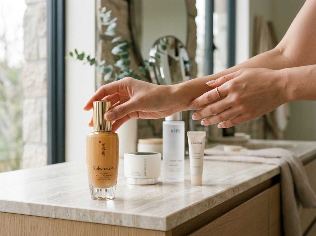 Eleganckie dłonie sięgające po luksusowe kosmetyki koreańskie na tle nowoczesnej łazienki.