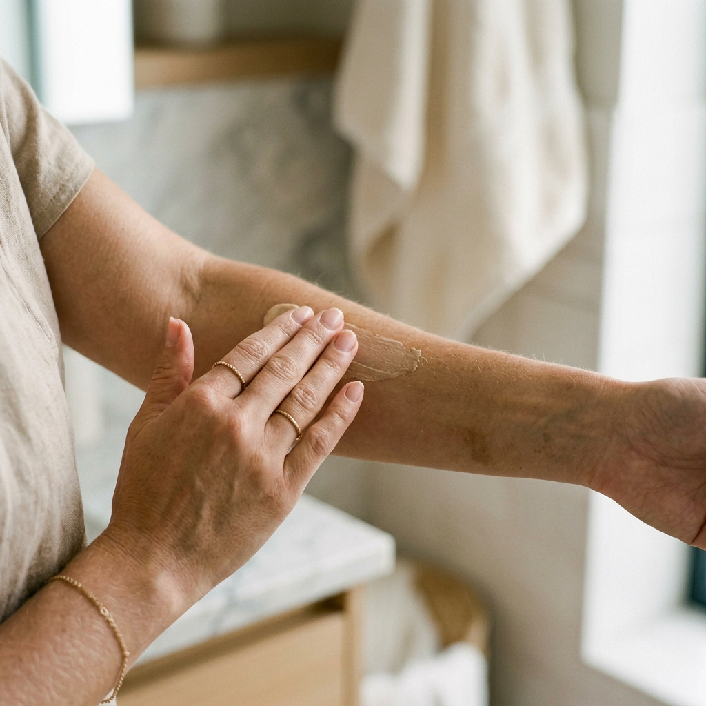 Kobieca dłoń delikatnie aplikująca produkt na skórę, korygując samoopalaczowe wpadki i pokazując jak działa samoopalacz.