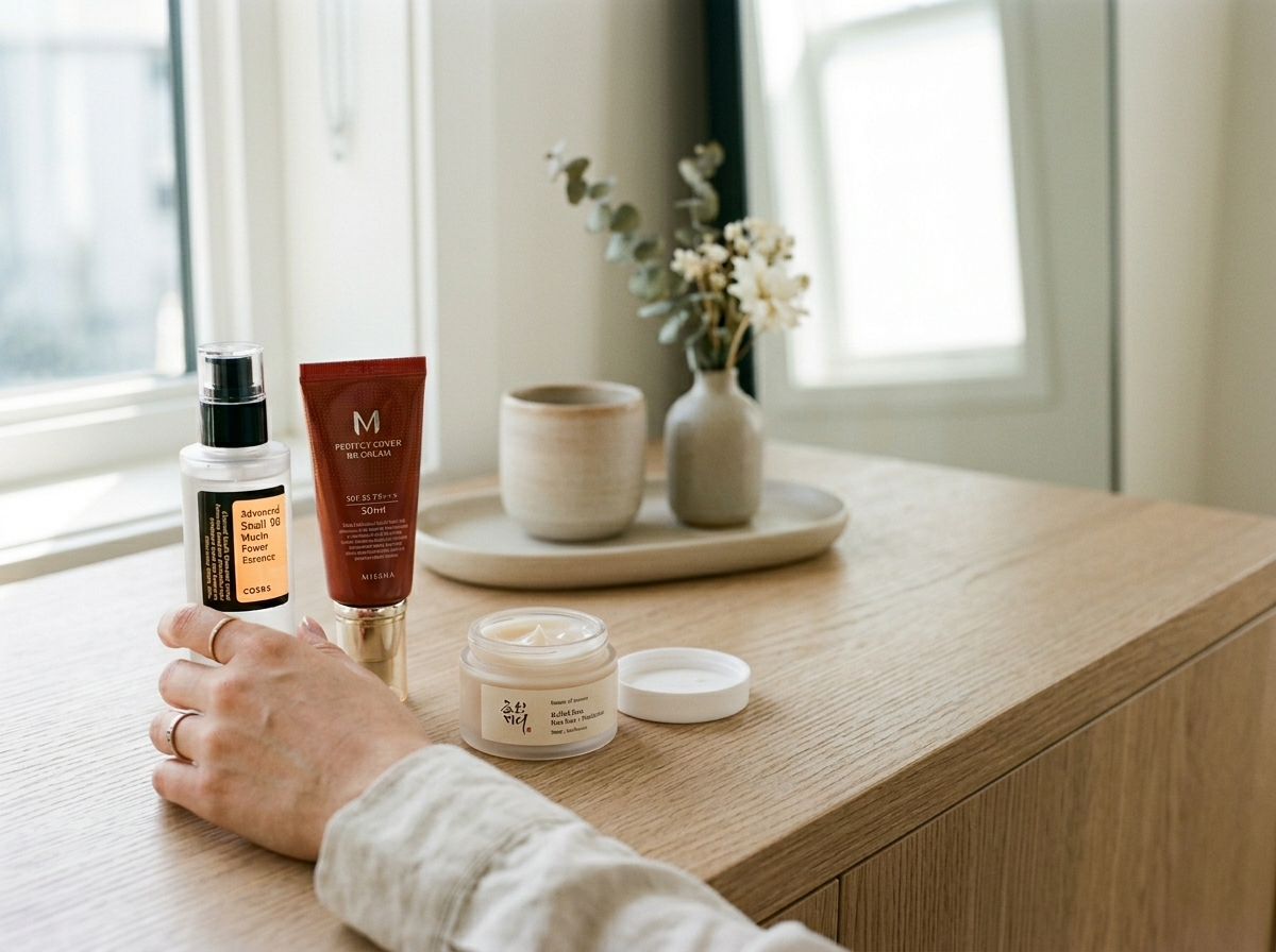 Kobieca dłoń delikatnie wybierająca autentyczne produkty kosmetyka koreańska, w tle kremowe bokeh.