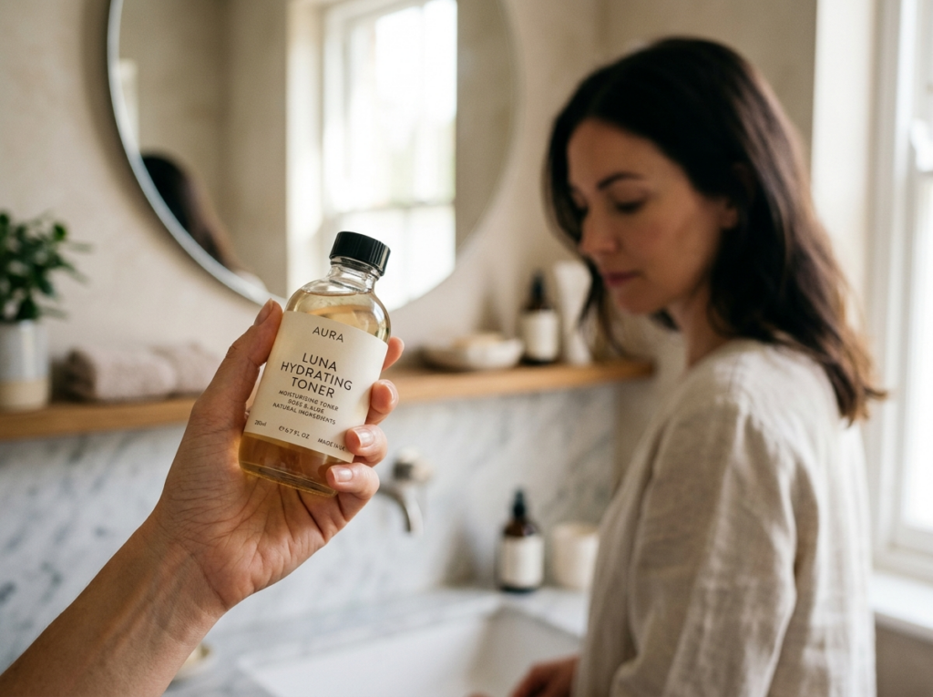 Kobiece dłonie delikatnie trzymające elegancką butelkę toniku nawilżającego na tle rozmytej łazienki.