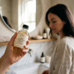 Kobiece dłonie delikatnie trzymające elegancką butelkę toniku nawilżającego na tle rozmytej łazienki.